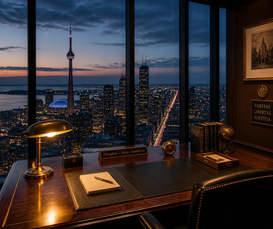 Toronto skyline at dusk seen from a high floor private office with a lit brass desk lamp